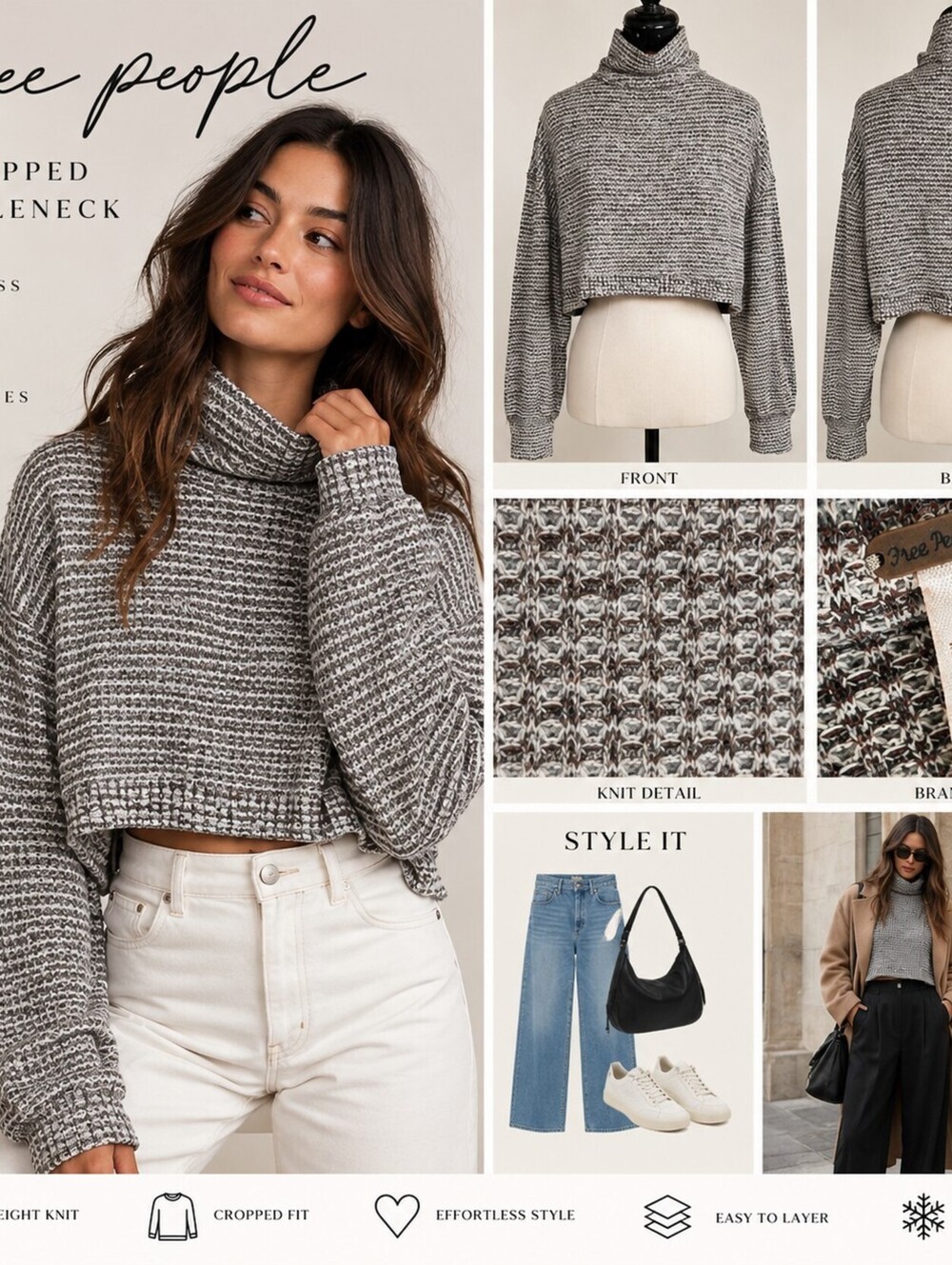 Free People Gray Cream Marled Cropped Turtleneck Sweater Oversized Boxy Knit